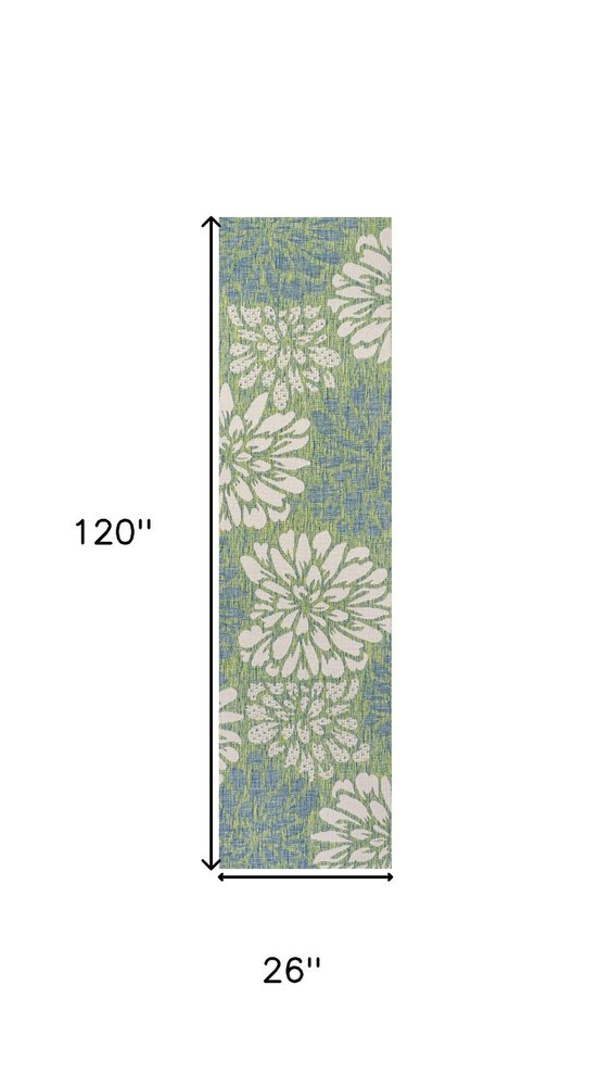 10' Cream And Green Floral Indoor Outdoor Runner Rug