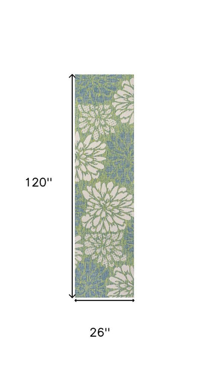 10' Cream And Green Floral Indoor Outdoor Runner Rug