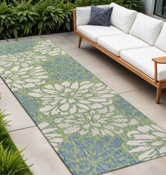 10' Cream And Green Floral Indoor Outdoor Runner Rug