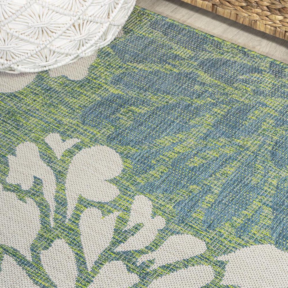 10' Cream And Green Floral Indoor Outdoor Runner Rug