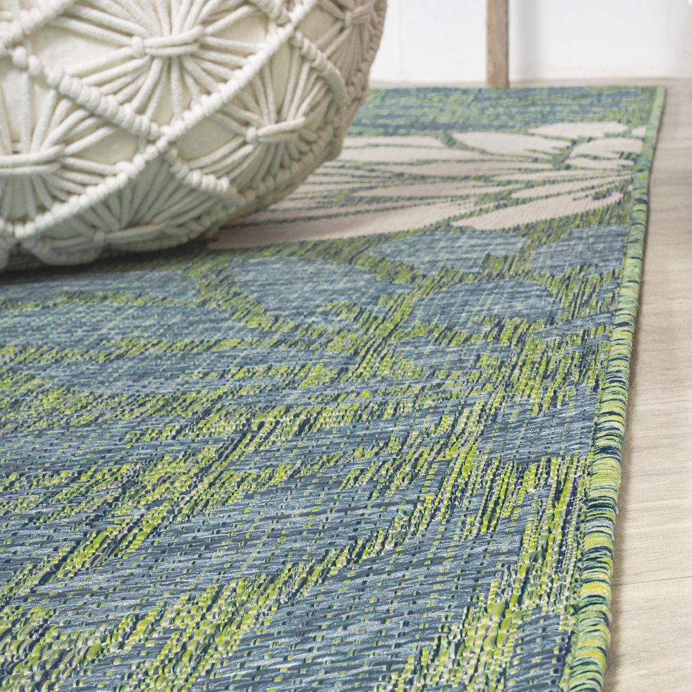10' Cream And Green Floral Indoor Outdoor Runner Rug