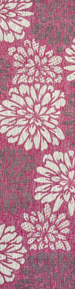 10' Fuchsia And Light Gray Floral Indoor Outdoor Runner Rug
