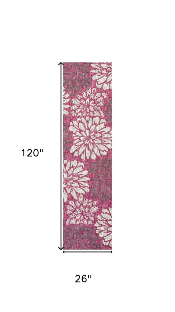 10' Fuchsia And Light Gray Floral Indoor Outdoor Runner Rug