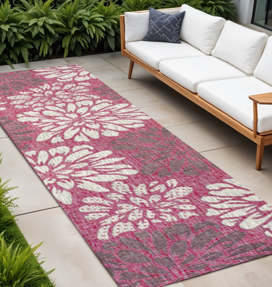 10' Fuchsia And Light Gray Floral Indoor Outdoor Runner Rug