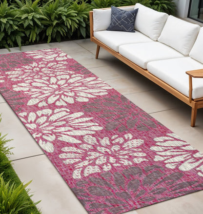 10' Fuchsia And Light Gray Floral Indoor Outdoor Runner Rug
