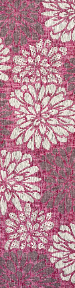 10' Fuchsia And Light Gray Floral Indoor Outdoor Runner Rug