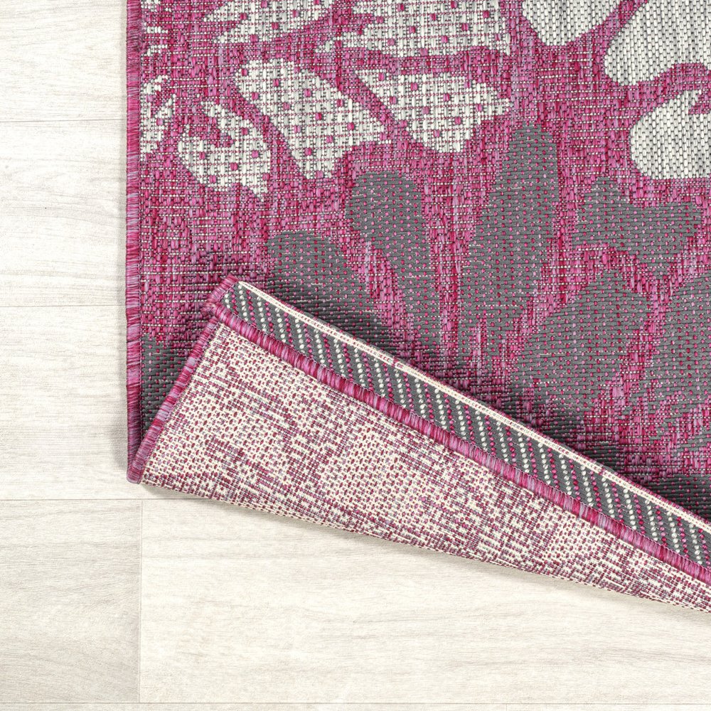 10' Fuchsia And Light Gray Floral Indoor Outdoor Runner Rug