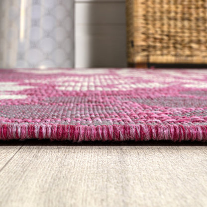 10' Fuchsia And Light Gray Floral Indoor Outdoor Runner Rug