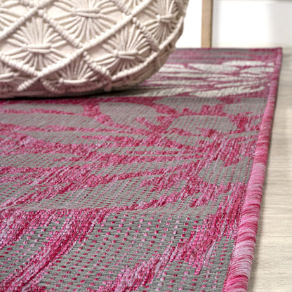 10' Fuchsia And Light Gray Floral Indoor Outdoor Runner Rug