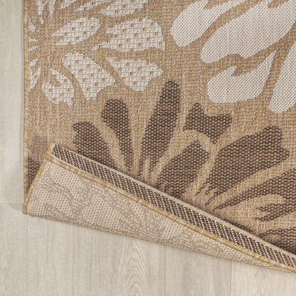 10' Brown And Cream Floral Indoor Outdoor Runner Rug