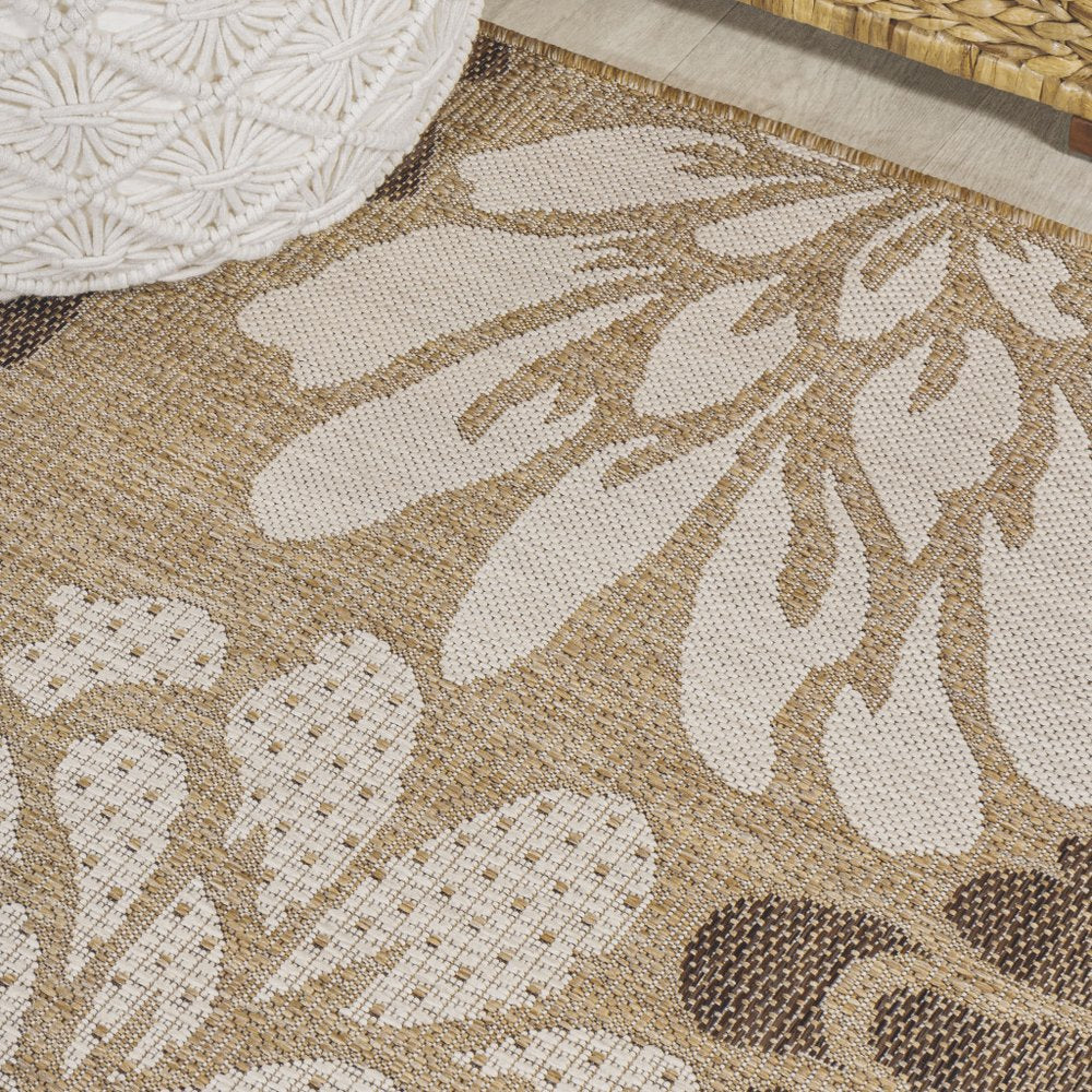 10' Brown And Cream Floral Indoor Outdoor Runner Rug