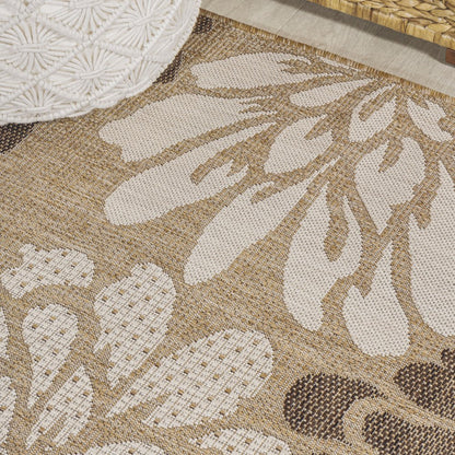 10' Brown And Cream Floral Indoor Outdoor Runner Rug