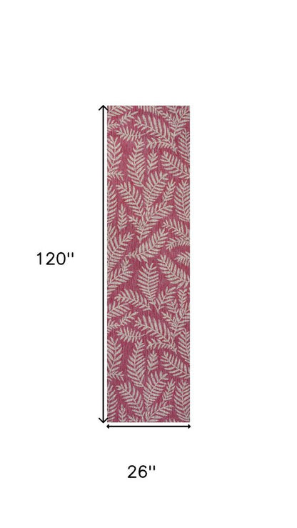 10' Fuchsia And Light Gray Floral Indoor Outdoor Runner Rug