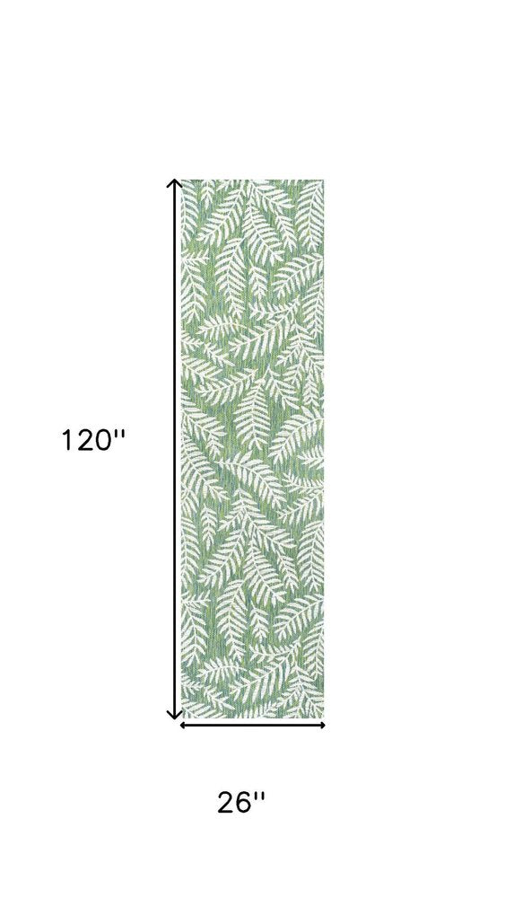 10' Cream And Green Floral Indoor Outdoor Runner Rug