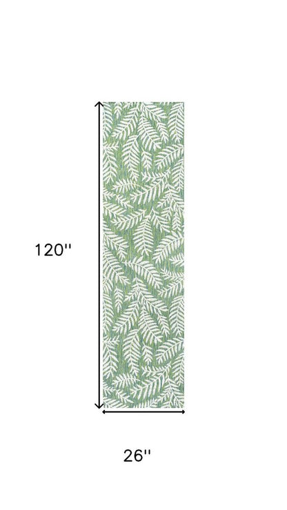 10' Cream And Green Floral Indoor Outdoor Runner Rug