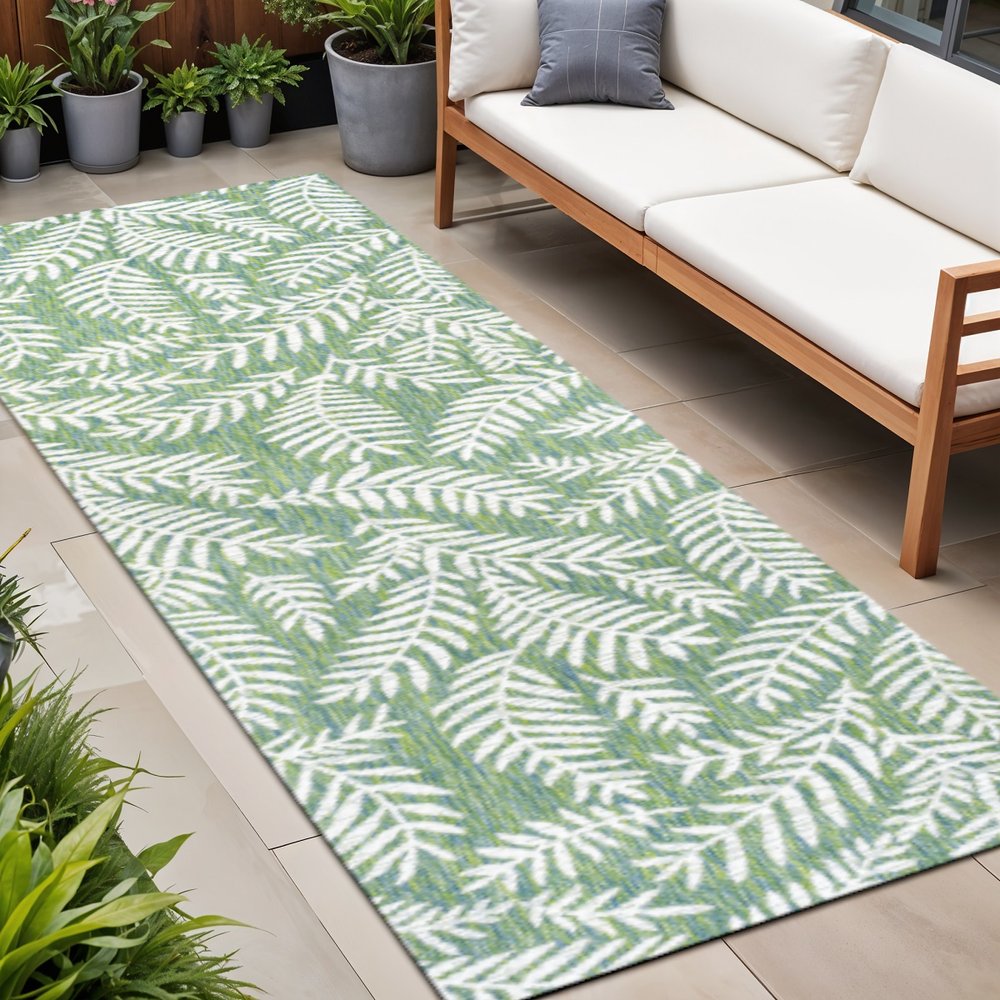 10' Cream And Green Floral Indoor Outdoor Runner Rug