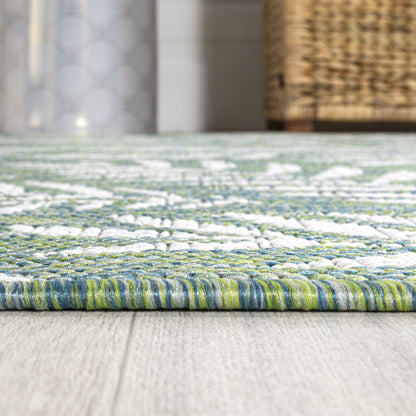 10' Cream And Green Floral Indoor Outdoor Runner Rug