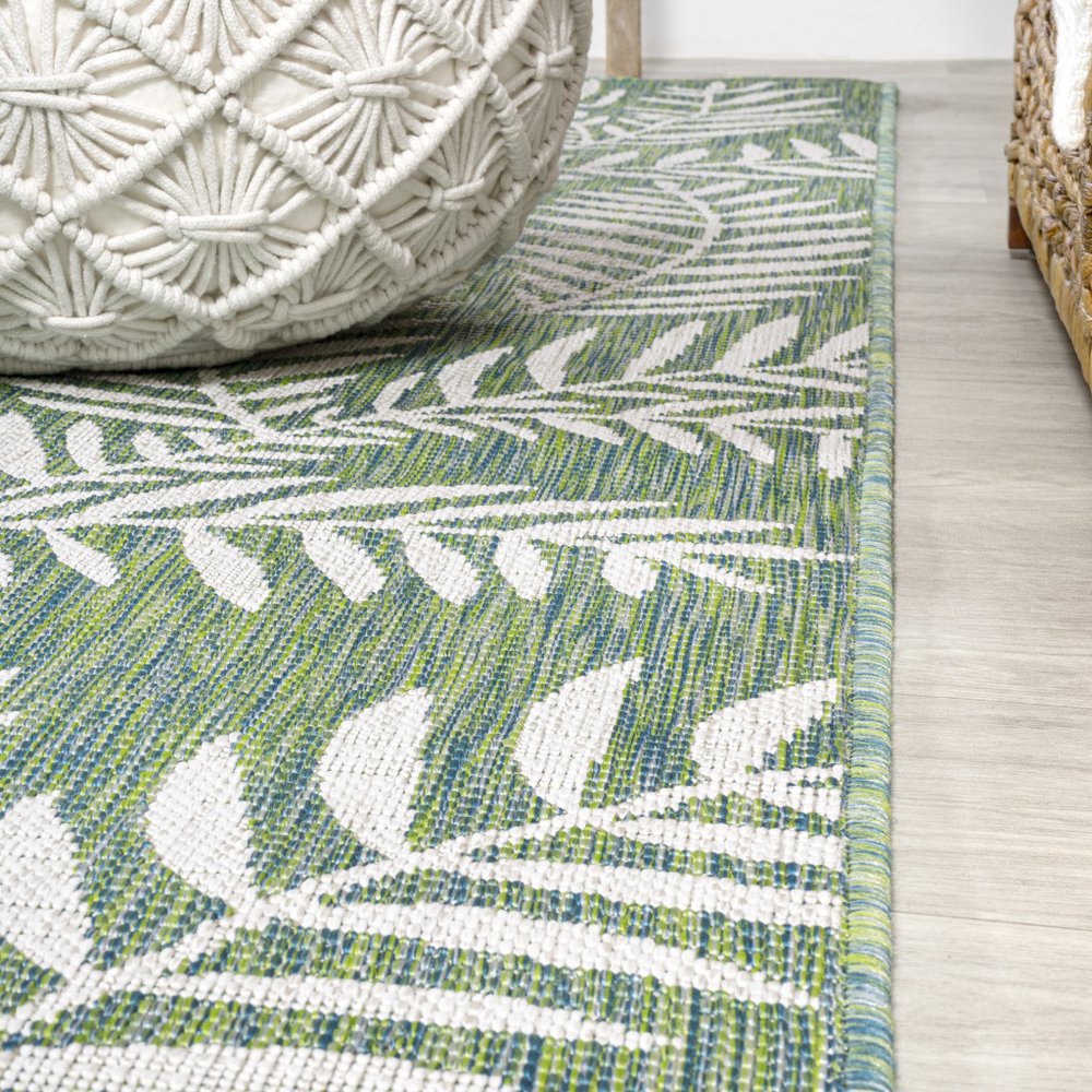10' Cream And Green Floral Indoor Outdoor Runner Rug