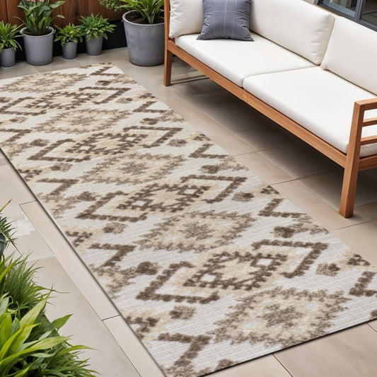 10' Brown And Ivory Moroccan Indoor Outdoor Runner Rug