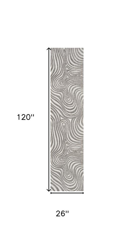 10' Gray And Ivory Abstract Indoor Outdoor Runner Rug
