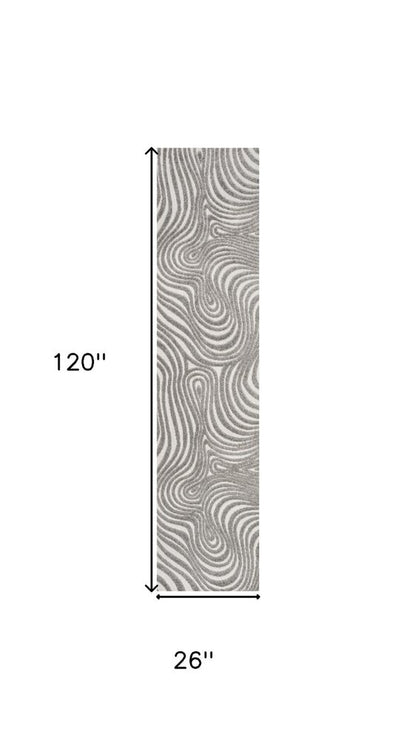 10' Gray And Ivory Abstract Indoor Outdoor Runner Rug