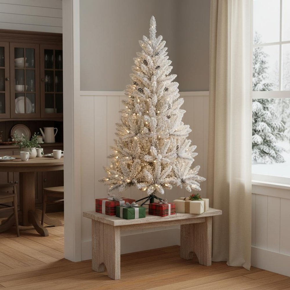 7.5' Pre Lit Full Flocked Spruce Christmas Tree With Decorations
