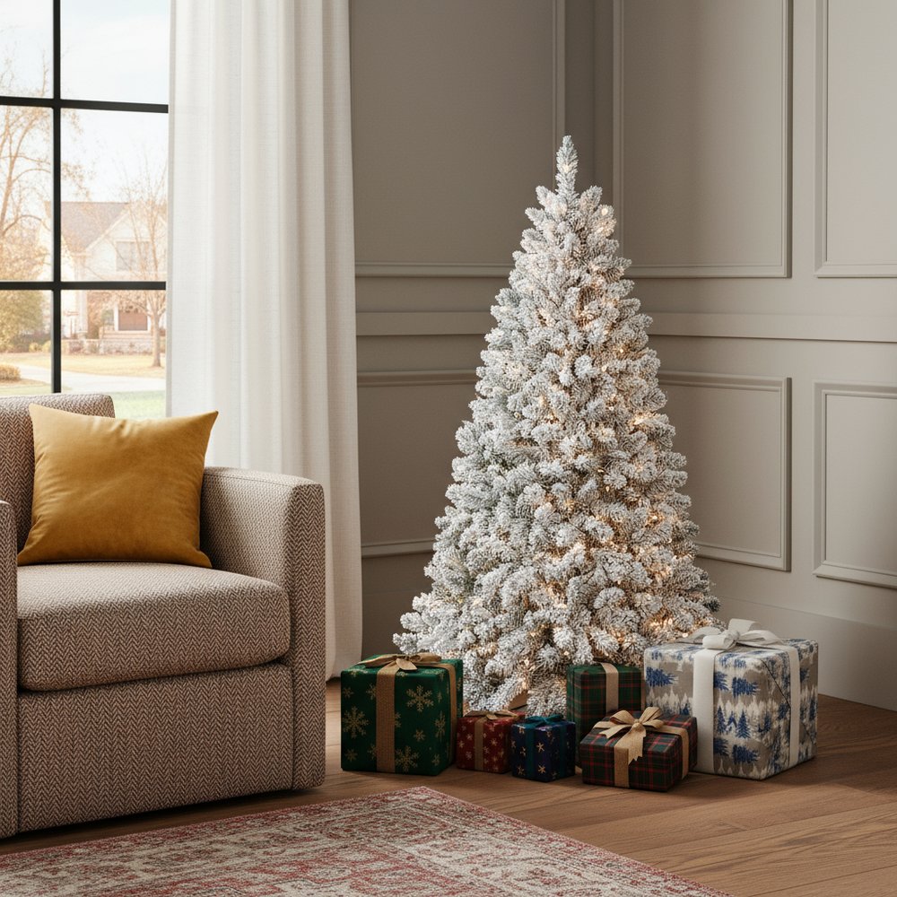 7.5' Pre Lit Full Flocked Spruce Christmas Tree With Decorations