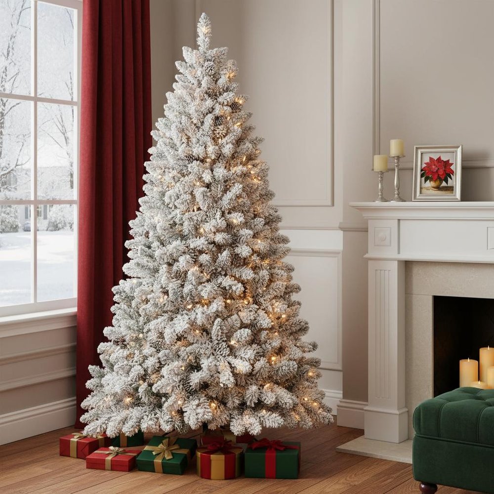 7.5' Pre Lit Full Flocked Spruce Christmas Tree With Decorations