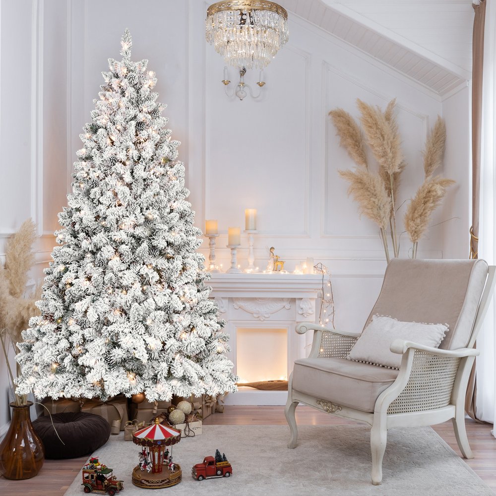 7.5' Pre Lit Full Flocked Spruce Christmas Tree With Decorations