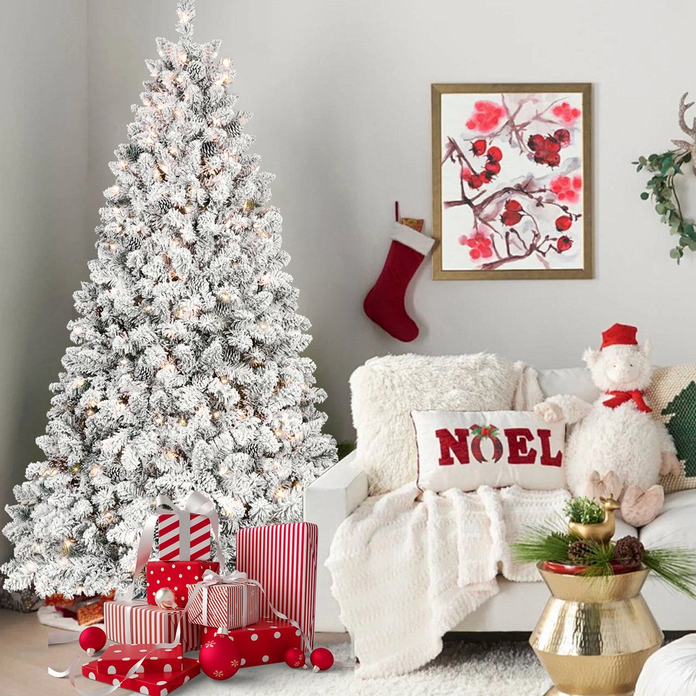 7.5' Pre Lit Full Flocked Spruce Christmas Tree With Decorations