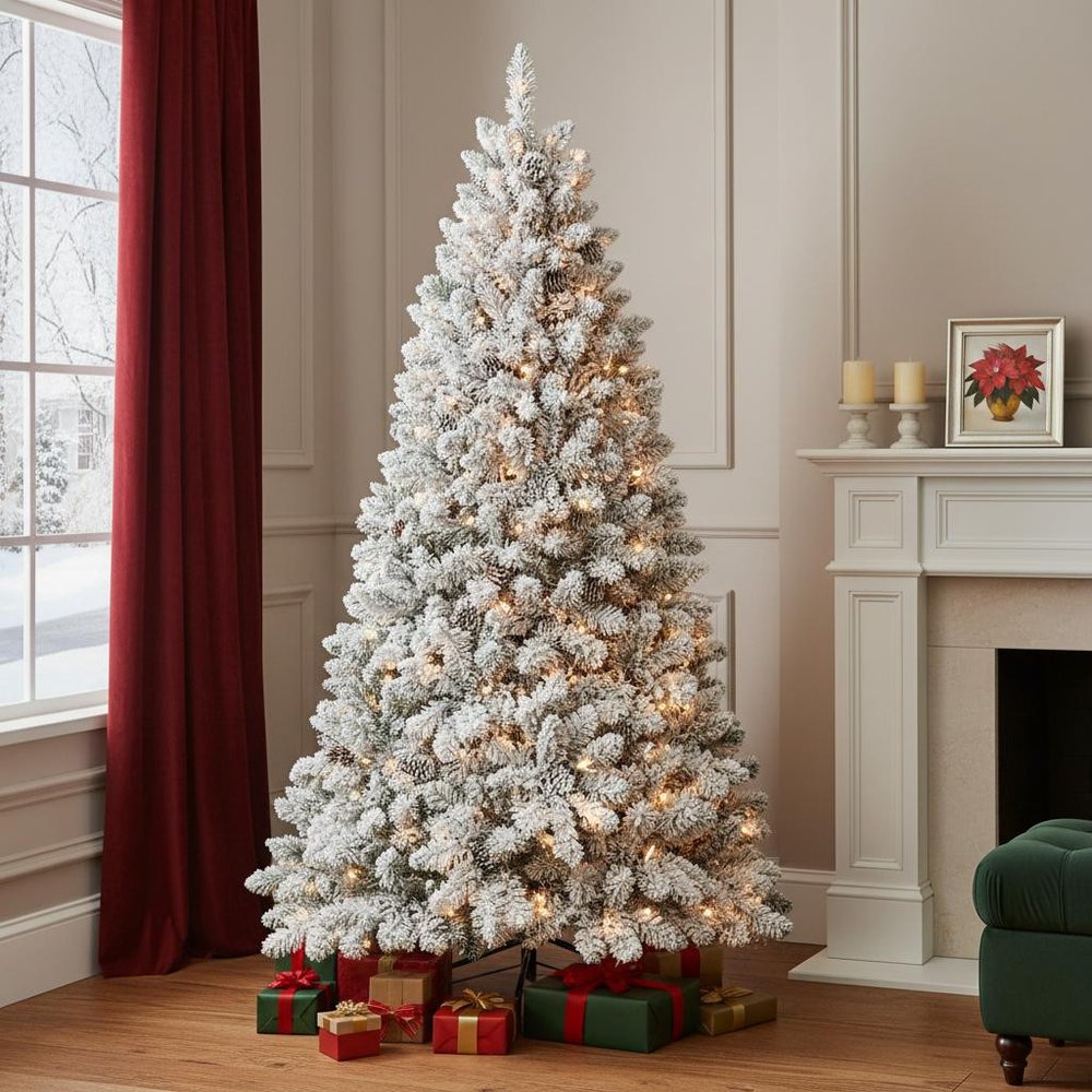 7.5' Pre Lit Full Flocked Spruce Christmas Tree With Decorations