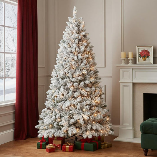 7.5' Pre Lit Full Flocked Spruce Christmas Tree With Decorations