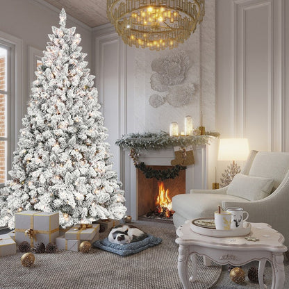 7.5' Pre Lit Full Flocked Spruce Christmas Tree With Decorations