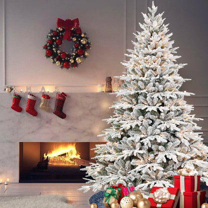 7.5' White Pre Lit Full Flocked Pine Christmas Tree With Decorations