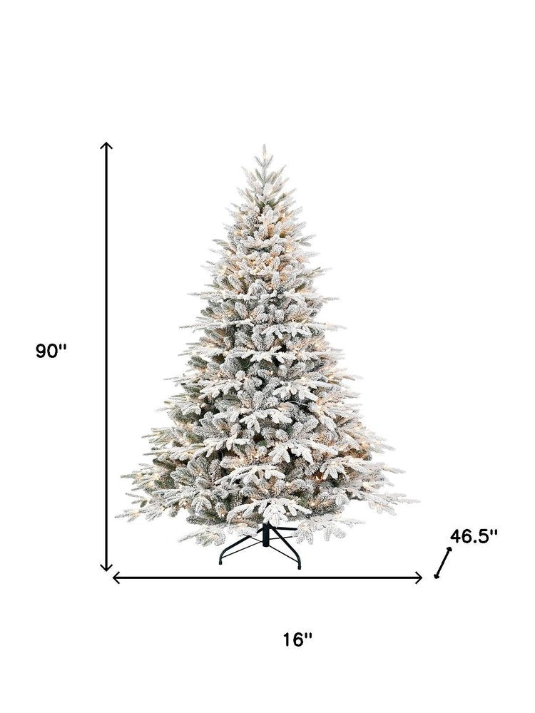 7.5' White Pre Lit Full Flocked Pine Christmas Tree With Decorations