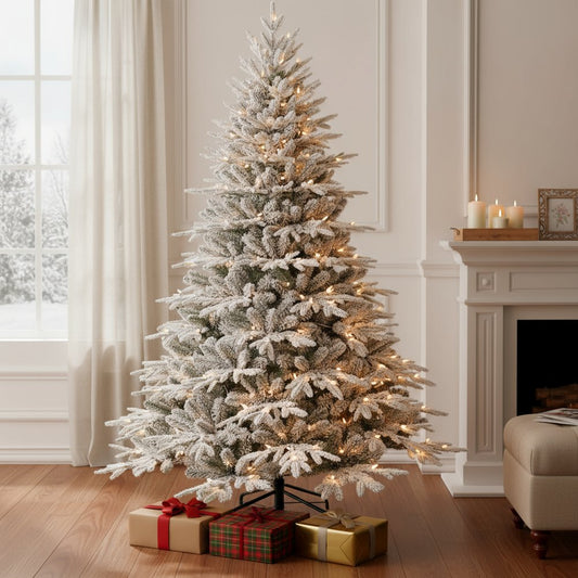 7.5' White Pre Lit Full Flocked Pine Christmas Tree With Decorations