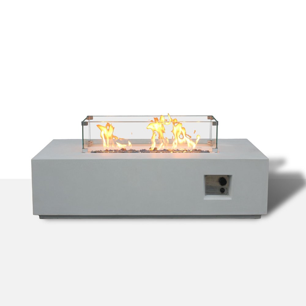 65000 BTU 52" White Concrete Propane Rectangular Fire Pit With Cover