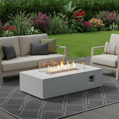 65000 BTU 52" White Concrete Propane Rectangular Fire Pit With Cover