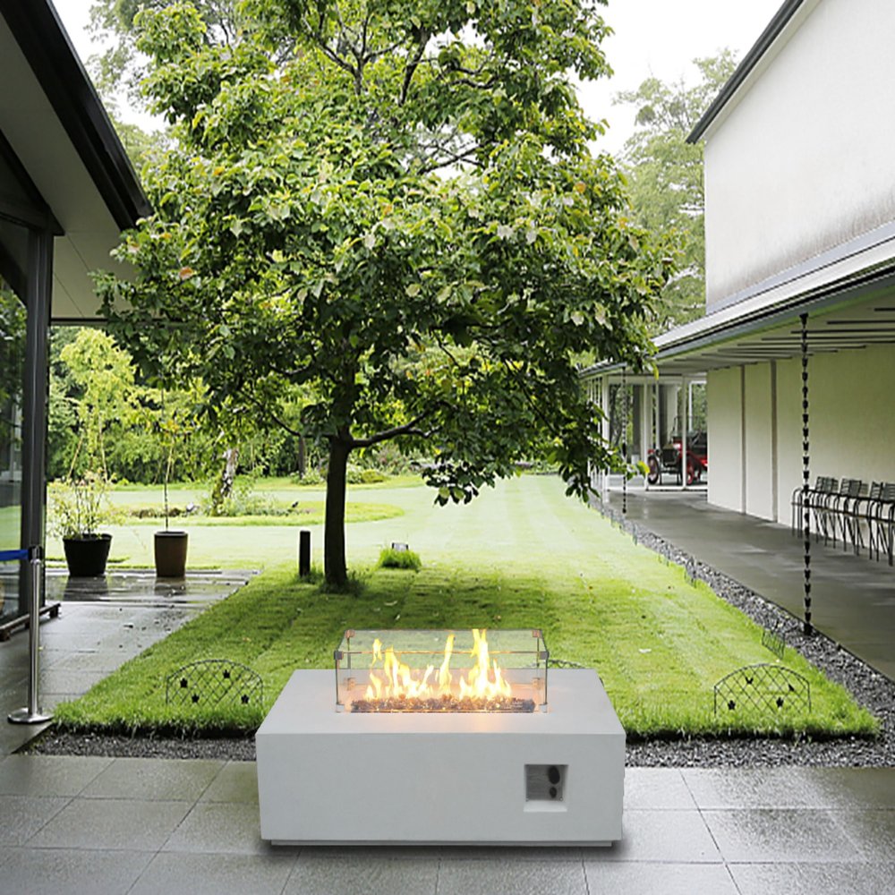 65000 BTU 52" White Concrete Propane Rectangular Fire Pit With Cover