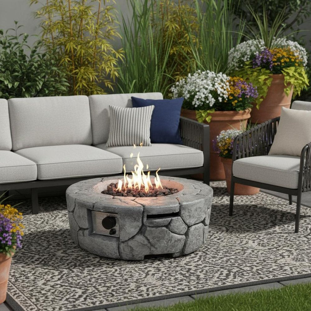 40000 BTU 28" White Concrete Propane Round Fire Pit With Cover