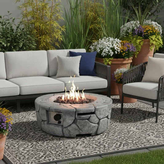 40000 BTU 28" White Concrete Propane Round Fire Pit With Cover