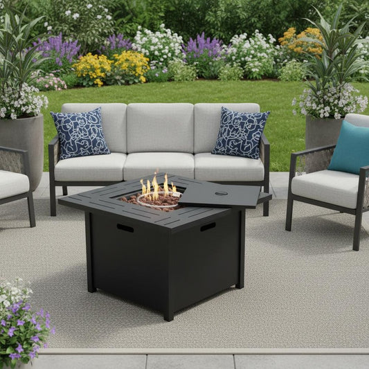 50000 BTU 28" Black Steel Propane Square Fire Pit Table With Cover