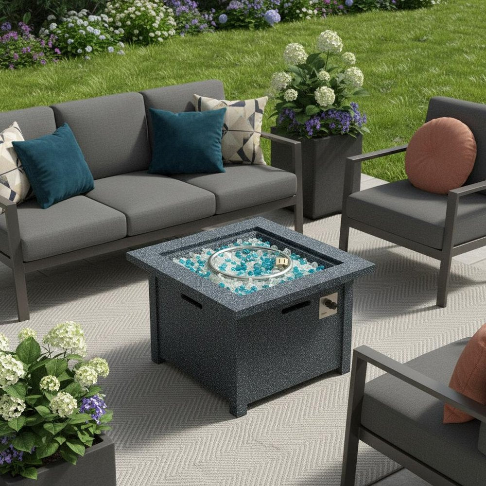 40000 BTU 29" Gray Concrete Propane Square Fire Pit With Cover