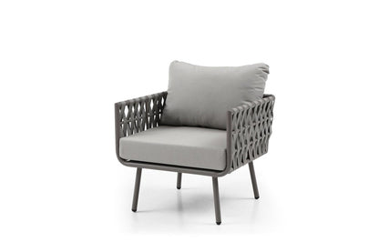 Four Piece Gray and Taupe Metal Upholstered Cushions Sofa Seating Group With Table