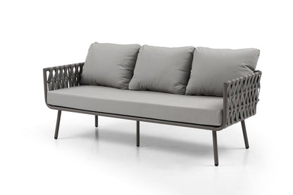 Four Piece Gray and Taupe Metal Upholstered Cushions Sofa Seating Group With Table