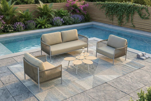 Four Piece Light Gray and Taupe Metal Upholstered Cushions Sofa Seating Group With Table