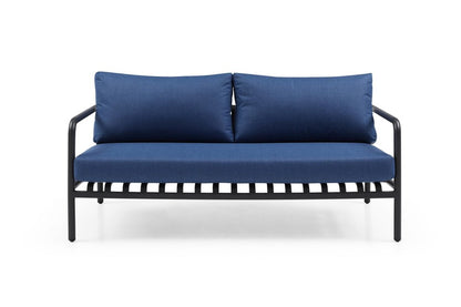 Four Piece Dark Gray and Blue Metal Upholstered Cushions Sofa Seating Group With Table