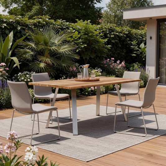 79" Natural and Silver Solid Wood and Stainless Steel Outdoor Dining Table