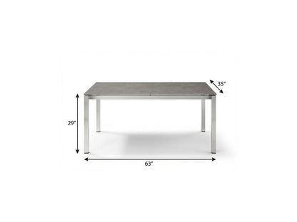 63" Dark Gray and Silver Ceramic Glass and Stainless Steel Outdoor Dining Table