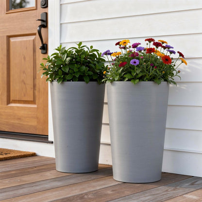 Set of Two Light Gray Heavy Duty Plastic Cylindrical Planter Pots